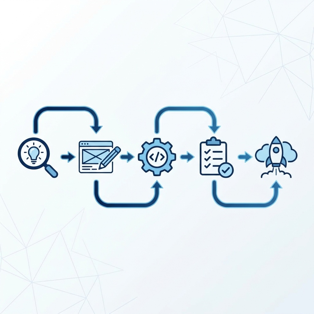 A flowchart illustrating a business process from idea generation to launch, with icons for idea, design, development, testing, and launch.. User description: A 